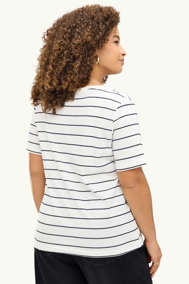 Femmes - T-shirt à col V - regular fit - à rayures - blanc / noir