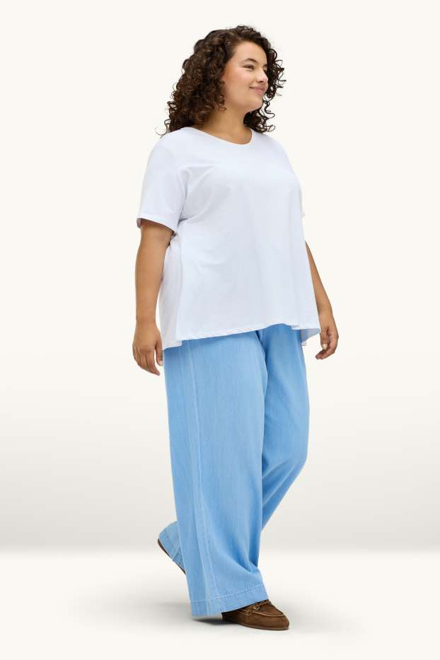 Dames - Pantalon - high waist - wide leg - denim look - lichtblauw