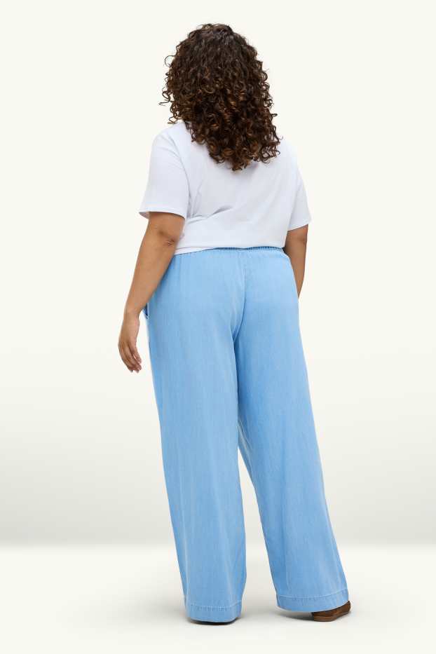 Dames - Pantalon - high waist - wide leg - denim look - lichtblauw
