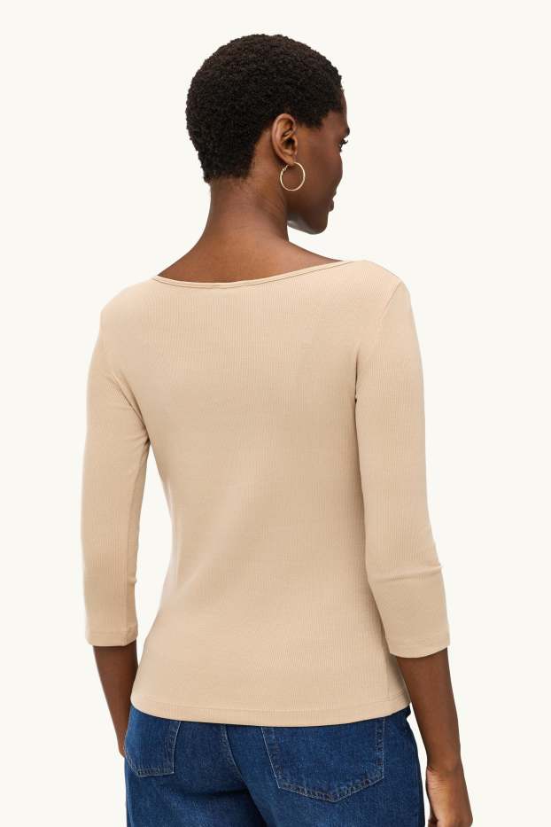 Kobiety - Koszulka z długim rękawem - slim fit - w prążki - nugatowy