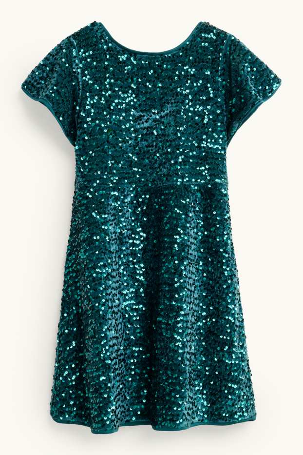 Children Girls - Bow - sequin dress - petrol