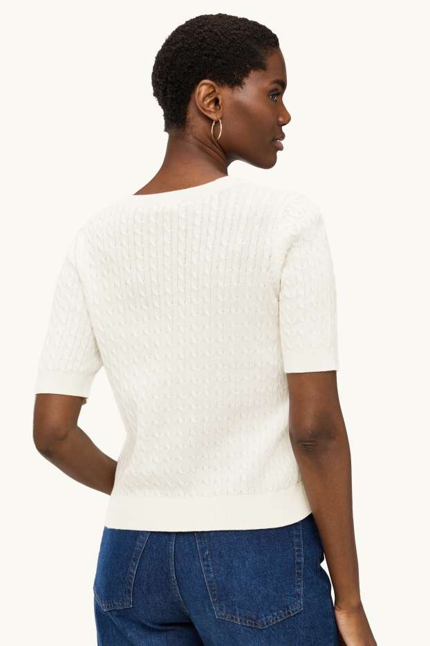 Damen - Strickpullover - kurzarm - Zopfmuster - cremeweiss