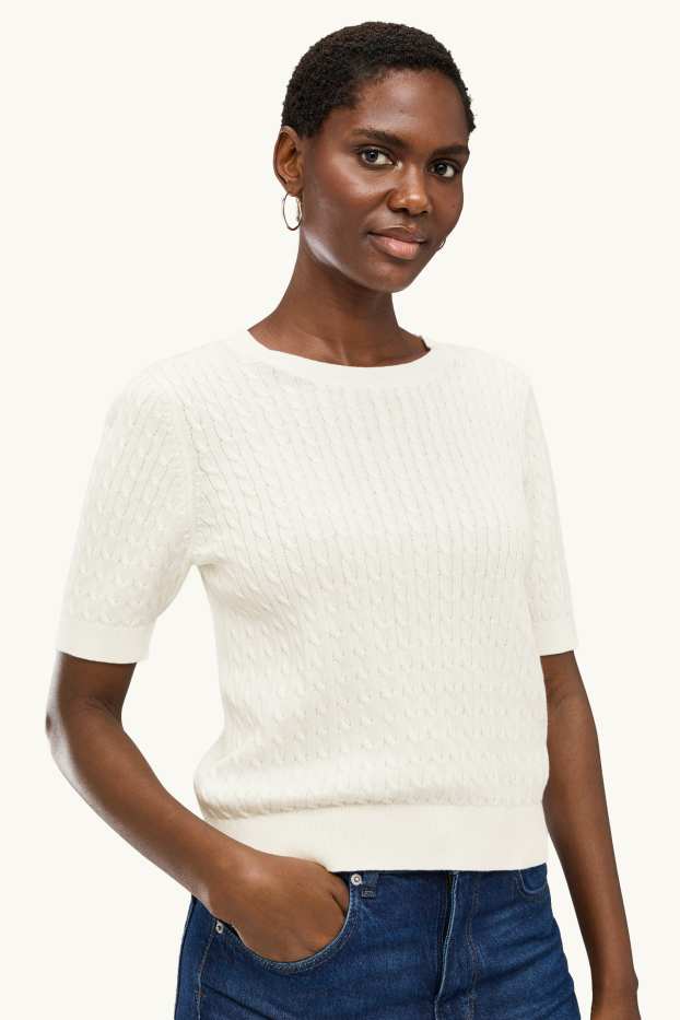 Damen - Strickpullover - kurzarm - Zopfmuster - cremeweiss