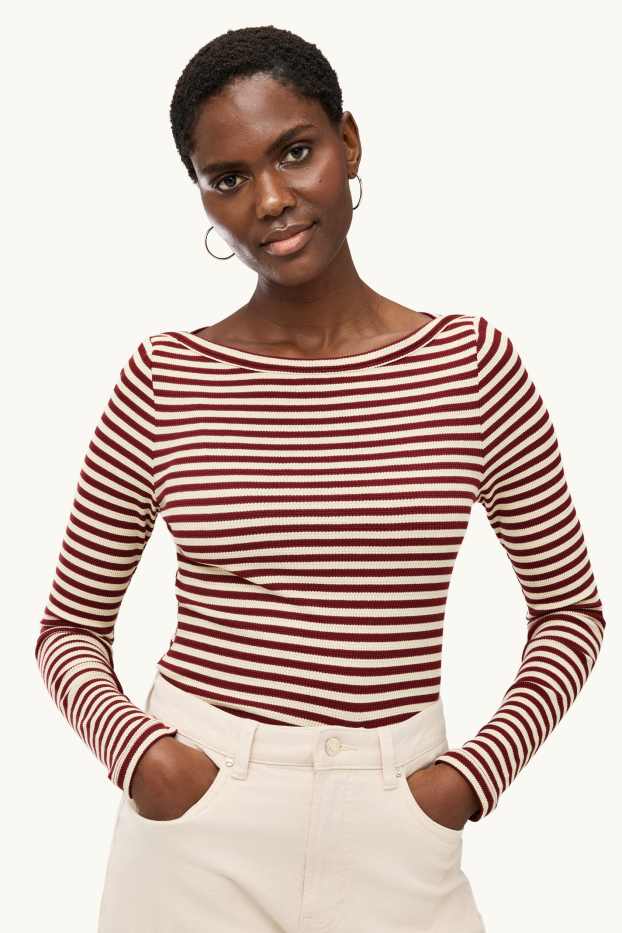 Dames - Longsleeve - regular fit - ribstof - gestreept - beige / bordeaux