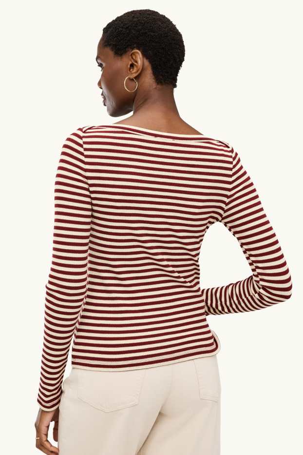 Dames - Longsleeve - regular fit - ribstof - gestreept - beige / bordeaux