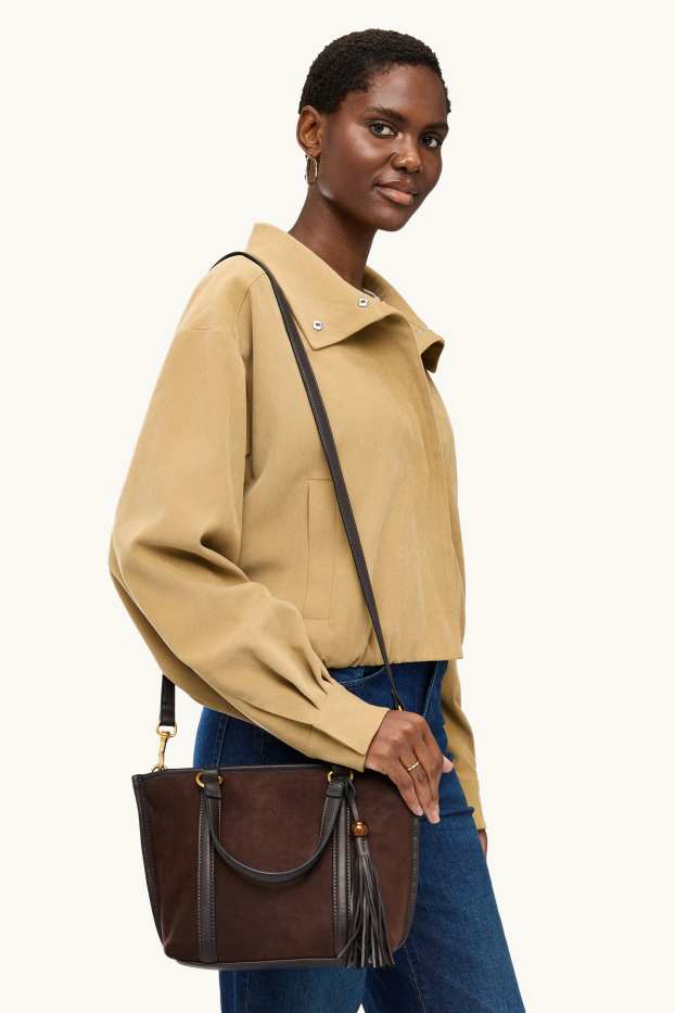 Women - Large shopper with detachable bag strap - faux suede - dark brown