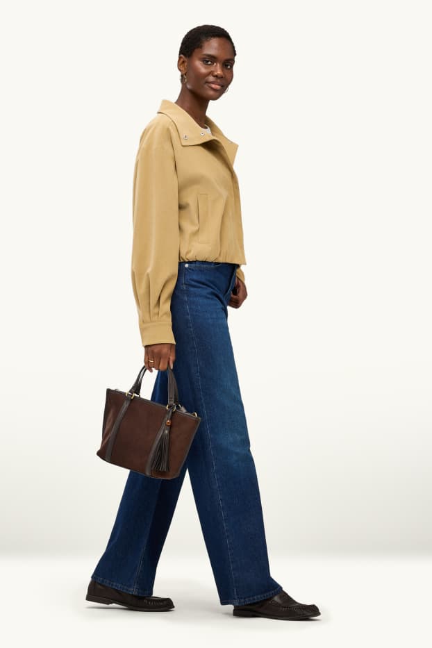 Women - Large shopper with detachable bag strap - faux suede - dark brown