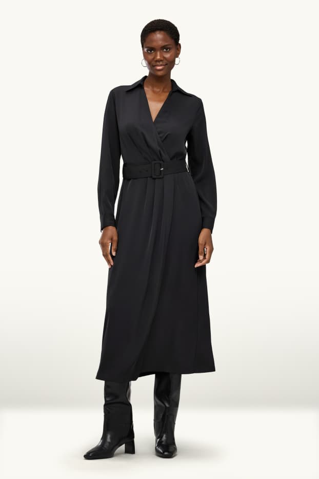 Damen - Satin-Wickelkleid mit Gürtel - Straight Fit - schwarz