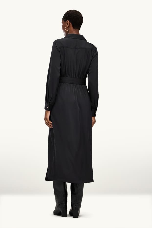 Damen - Satin-Wickelkleid mit Gürtel - Straight Fit - schwarz