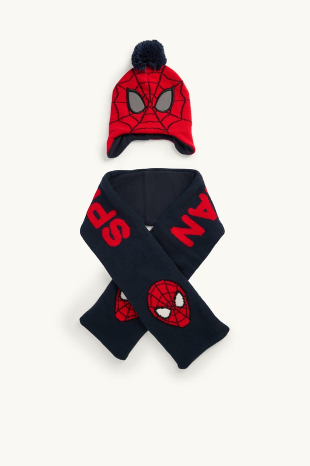 Enfants garçons - Spider-Man - ensemble - bonnet à pompons et écharpe en maille - 2 pièces - rouge / bleu foncé