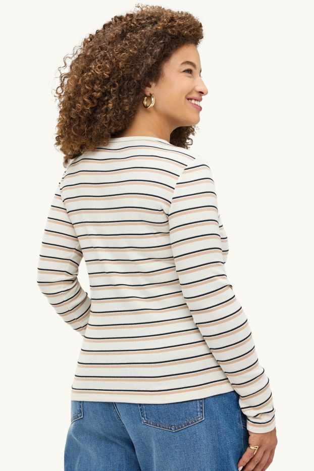 Femmes - Haut à manches longues - slim fit - finition côtelée - à rayures - crème