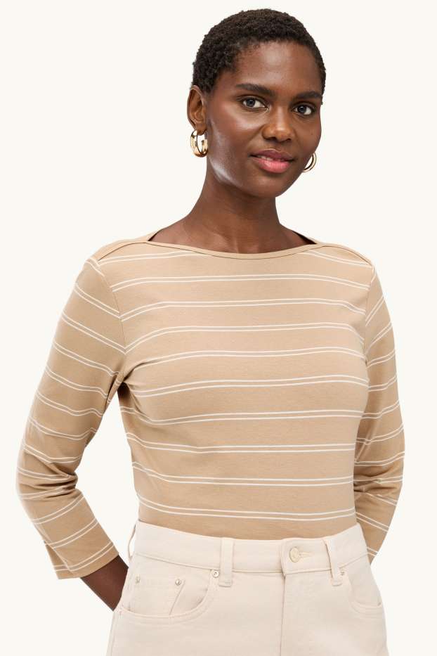 Femmes - Haut à manches longues - regular fit - à rayures - beige