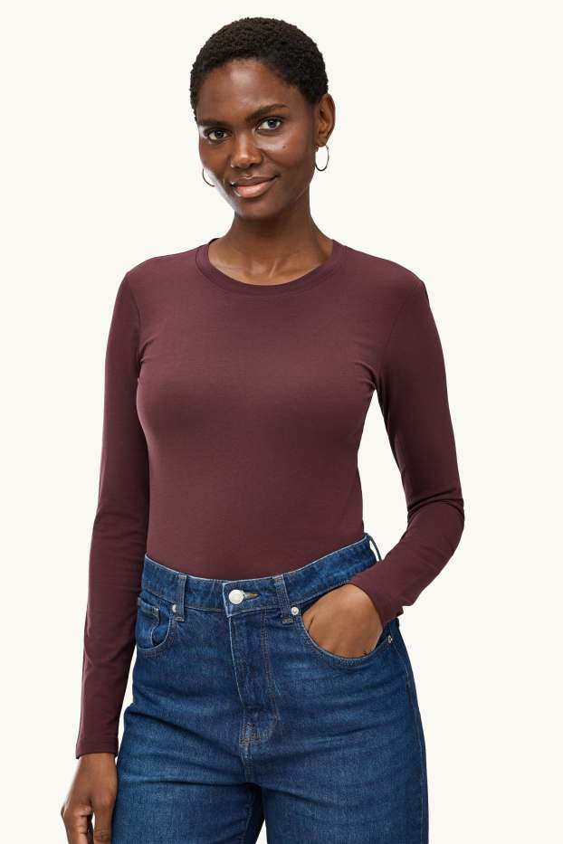 Dona - Paquet de 2 - samarreta de mànigues llargues - slim fit - bordeus/blanc