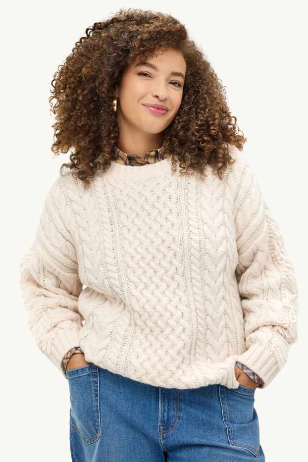 Damen - Pullover - Zopfmuster - cremefarben