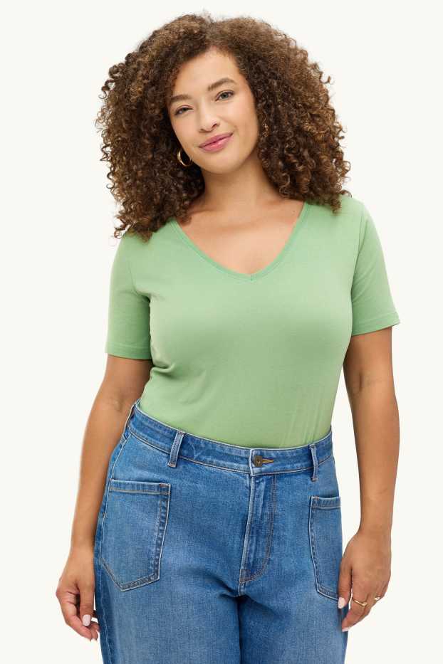 Donna - T-shirt scollo a V - slim fit - verde