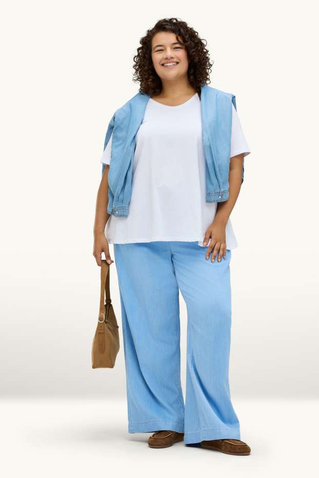 Dames - Pantalon - high waist - wide leg - denim look - lichtblauw