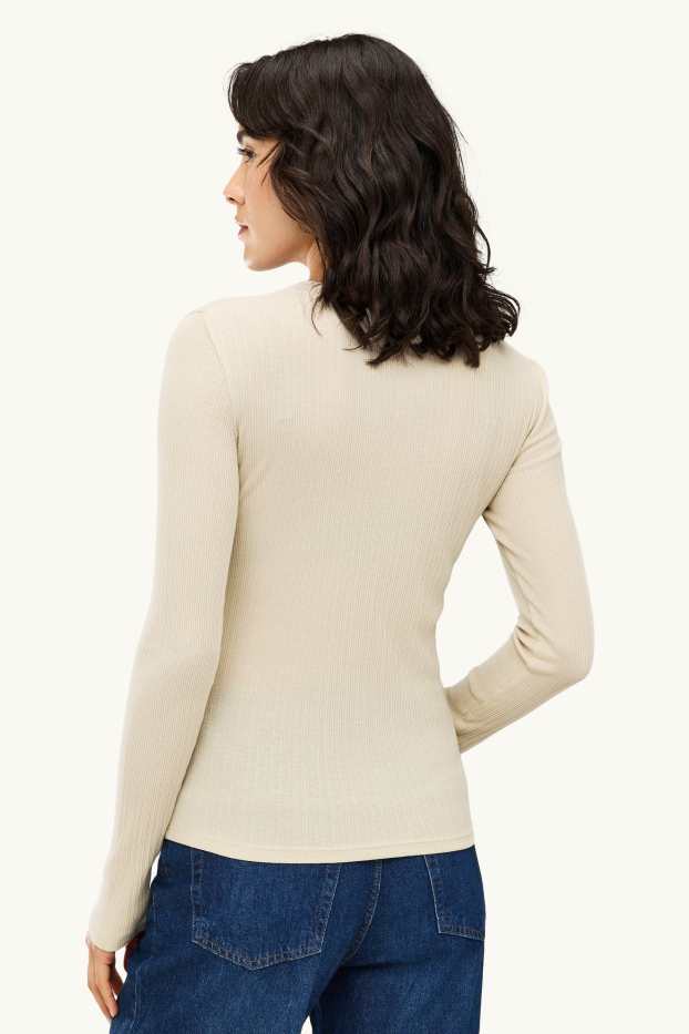 Women - Henley T-shirt - slim fit - ribbed - light beige