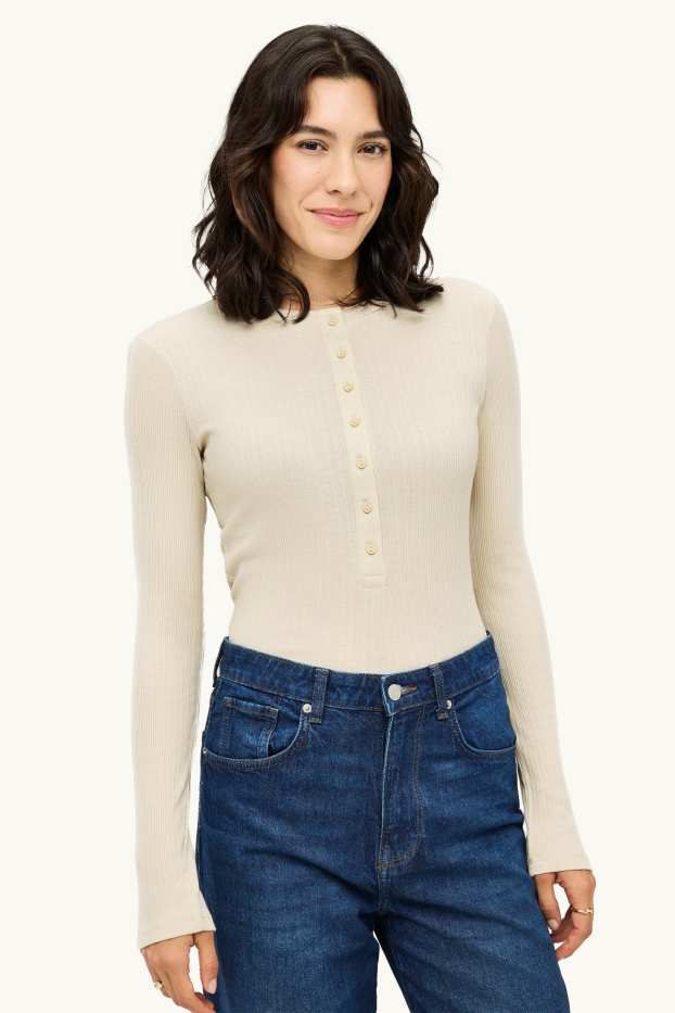 Women - Henley T-shirt - slim fit - ribbed - light beige