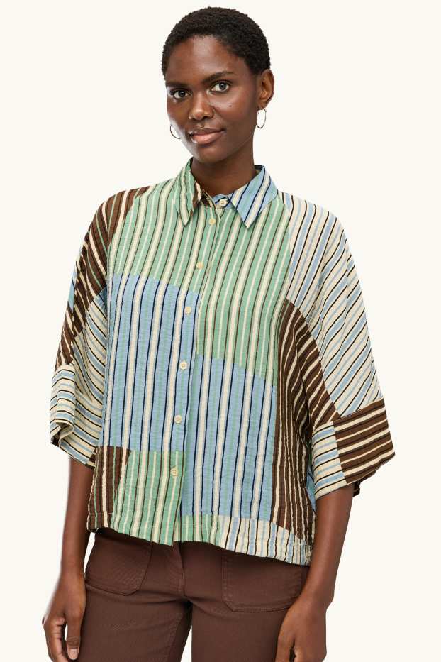 Damen - Hemdbluse - gestreift - grün / türkis