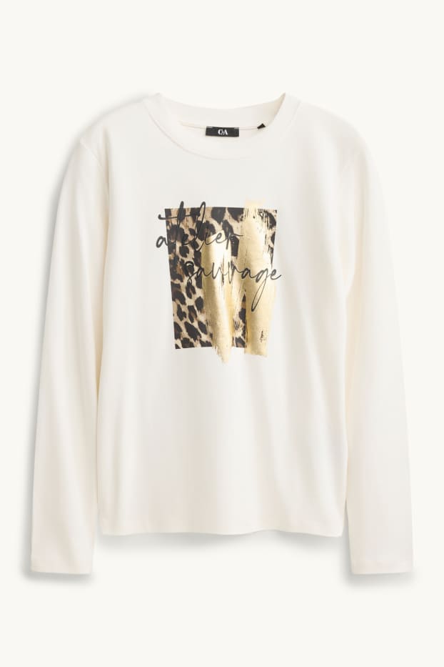 Femei - Tricou cu mânecă lungă - regular fit - imprimeu de leopard - aspect lucios - alb / auriu