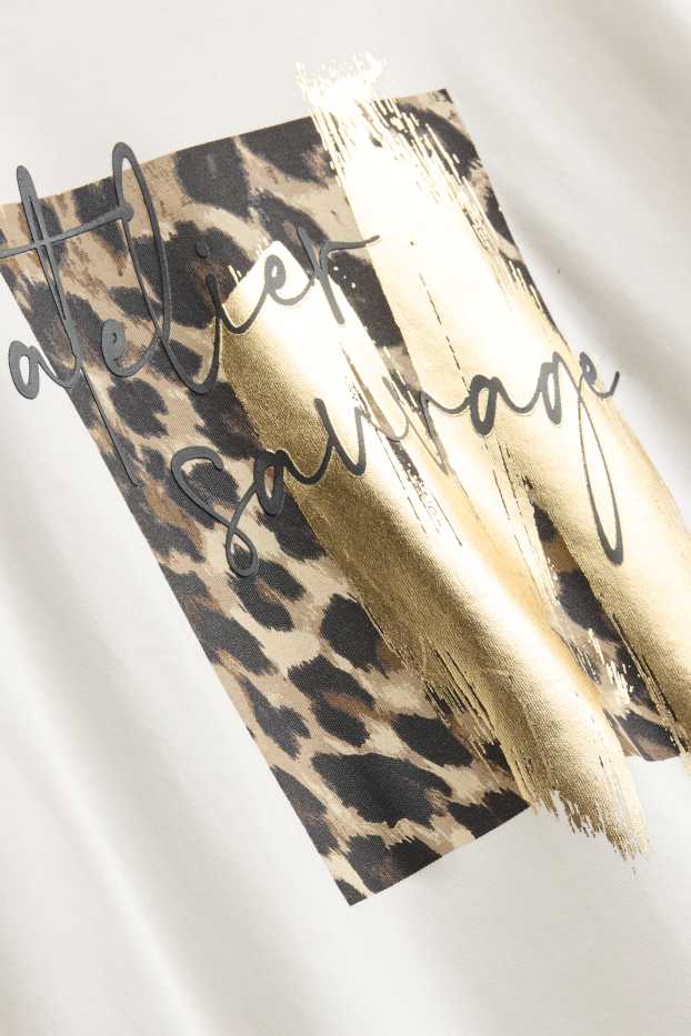 Femei - Tricou cu mânecă lungă - regular fit - imprimeu de leopard - aspect lucios - alb / auriu