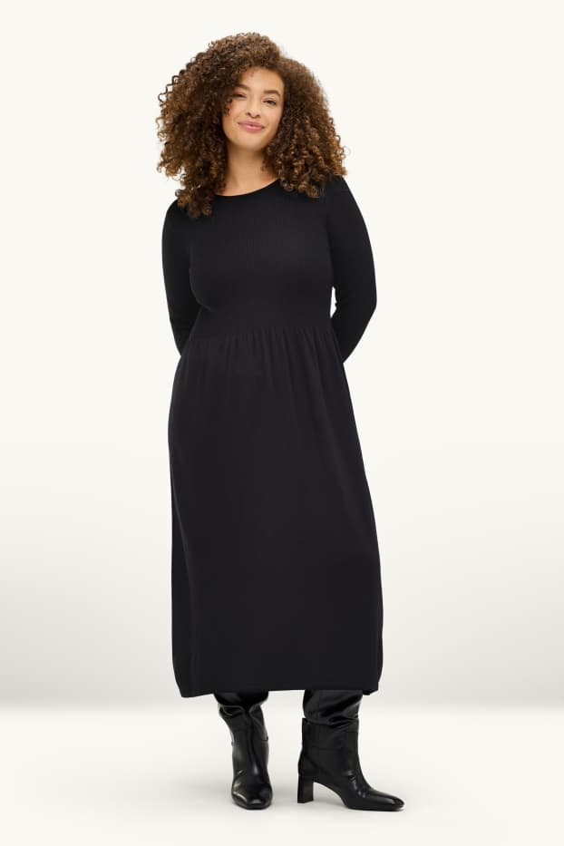 Femmes - Robe en maille - finition côtelée - noir