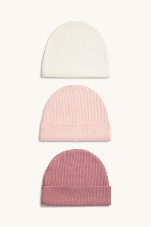 Bébés filles - Lot de 3 - bonnets bébé - côtelés - blanc / rose