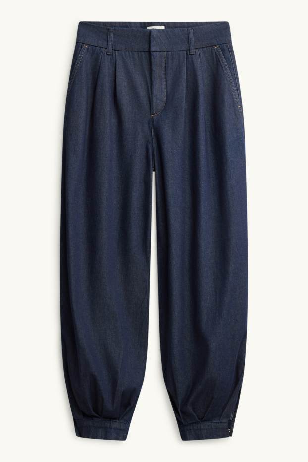 Dames - Denim harembroek - mid waist - barrel leg - jeansdonkerblauw