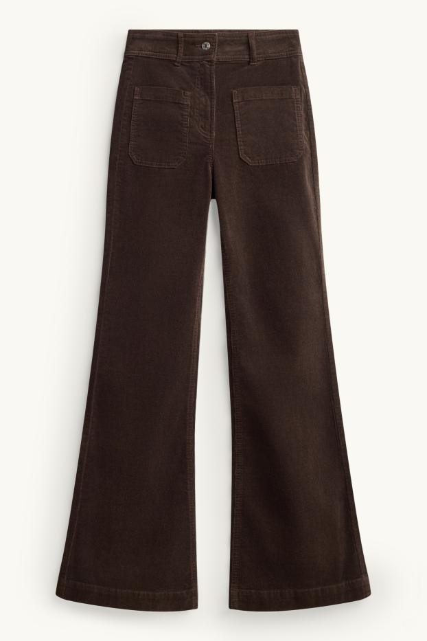 Dámské - Manšestrové kalhoty - high waist - flared - tmavohnědá