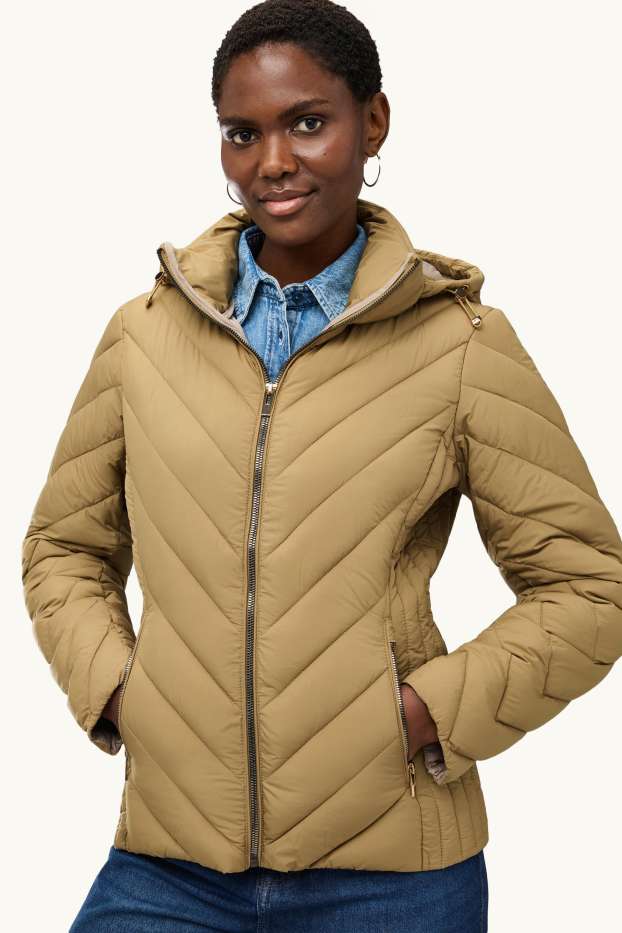 Dámské - Prošívaná bunda s kapucí - s výplní - khaki
