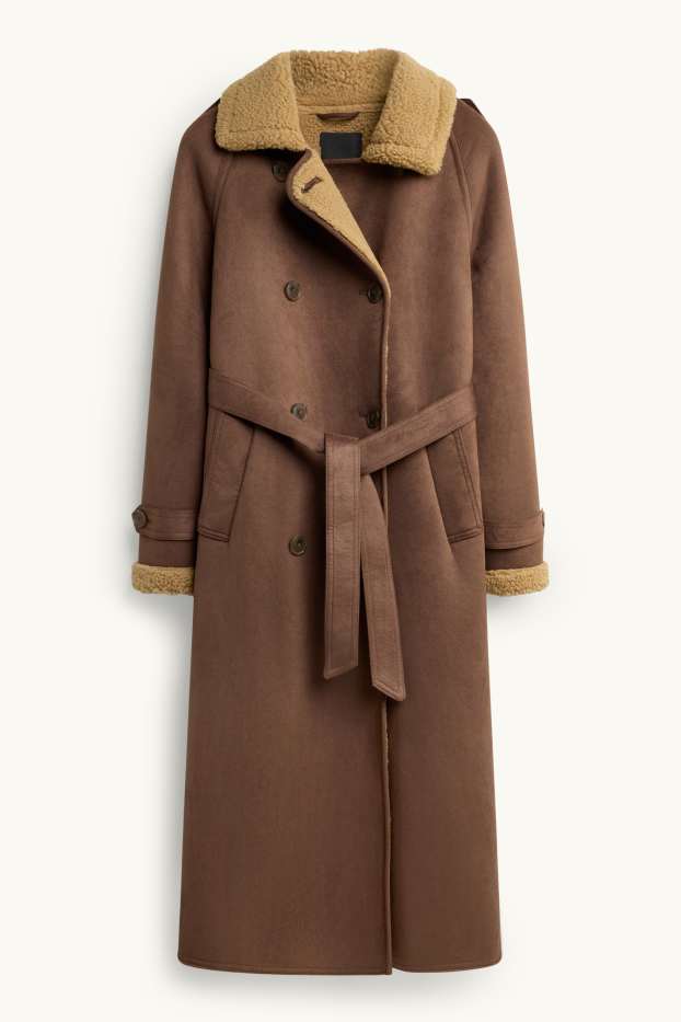 Women - Faux shearling coat - faux suede - brown