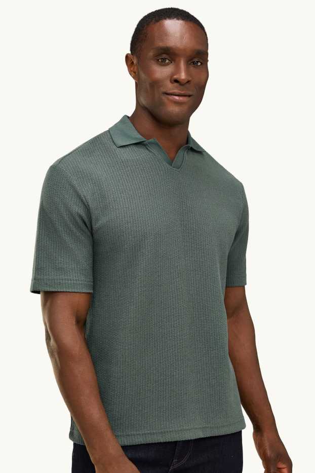 Heren - Gebreid poloshirt - relaxed fit - met structuur - groen