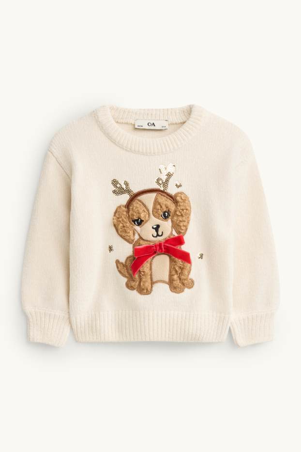 Kinder Mädchen - Hund - Weihnachtspullover - Glanz-Effekt - cremeweiß