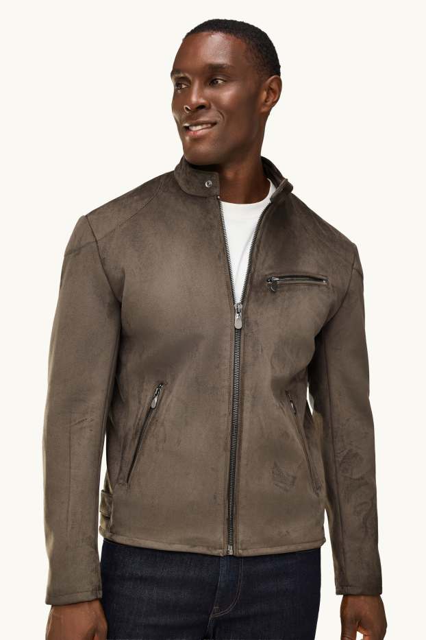 Hommes - Blouson de motard - faux suède - kaki