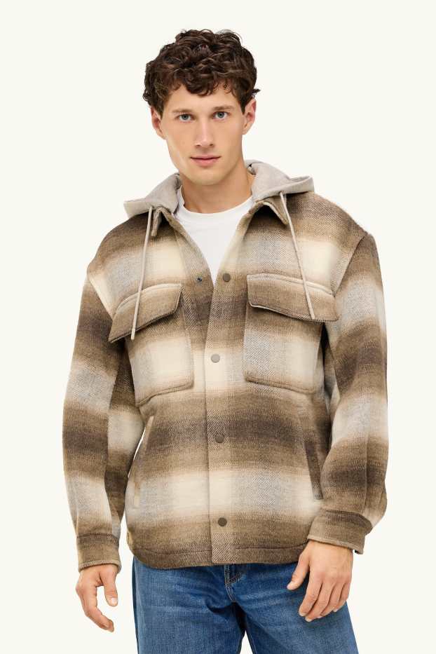 Uomo - Giacca a camicia con cappuccio - relaxed fit - colletto all'italiana - a quadretti - marrone