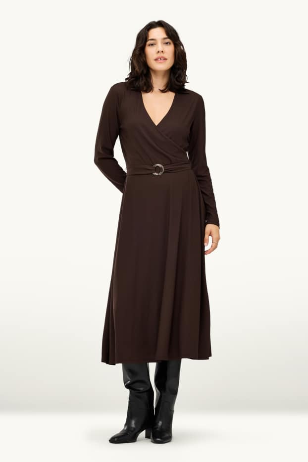 Women - Fit & flare dress with belt - dark brown