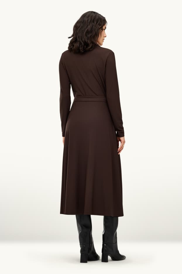 Women - Fit & flare dress with belt - dark brown