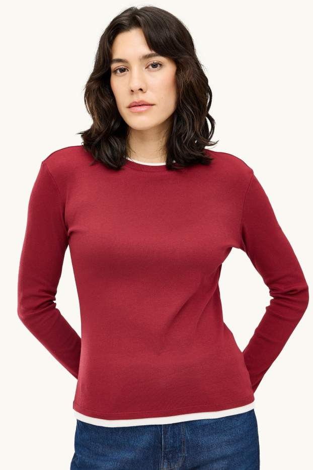 Dames - Longsleeve - regular fit - 2-in-1-look - rood / wit
