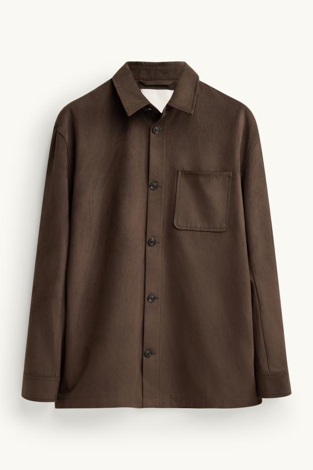 Uomo - Giacca camicia - relaxed fit - colletto all'italiana - similpelle scamosciata - marrone