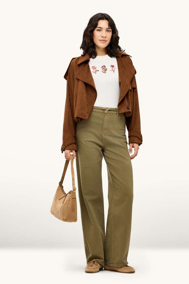 Femmes - Jean à jambe évasée avec ceinture - high waist - kaki