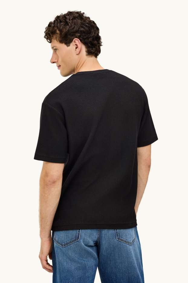 Herren - Strick-T-Shirt - Regular Fit - gerippt - schwarz