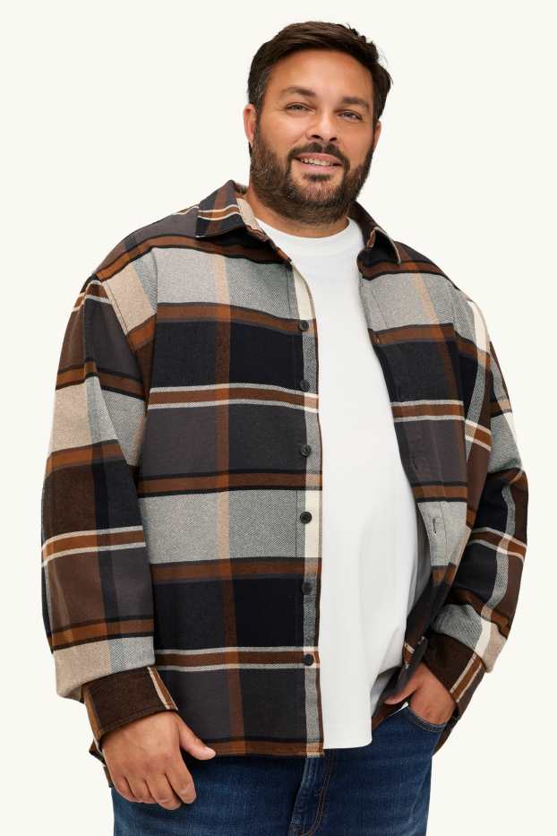 Hommes - Chemise - relaxed fit - col kent - à carreaux - gris / marron