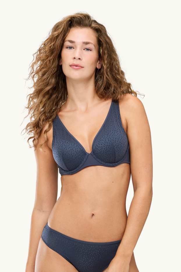 Dames - BH met beugels - PLUNGE - voorgevormd - met structuur - donkerblauw