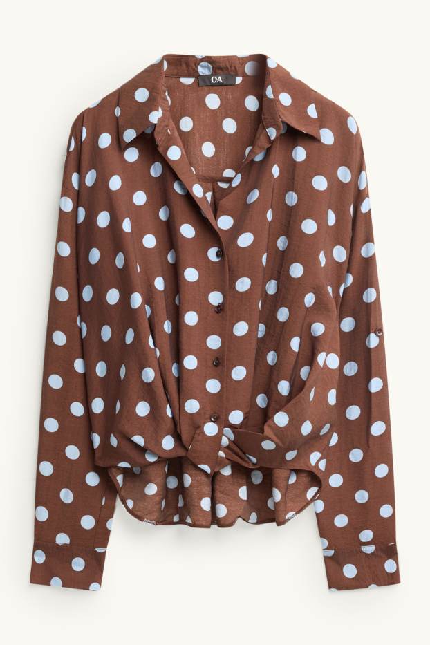 Dames - Overhemdblouse met drapering - met stippen - bruin / blauw