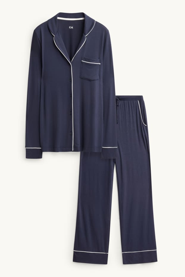 Damen - Viskose-Pyjama - dunkelblau / weiss