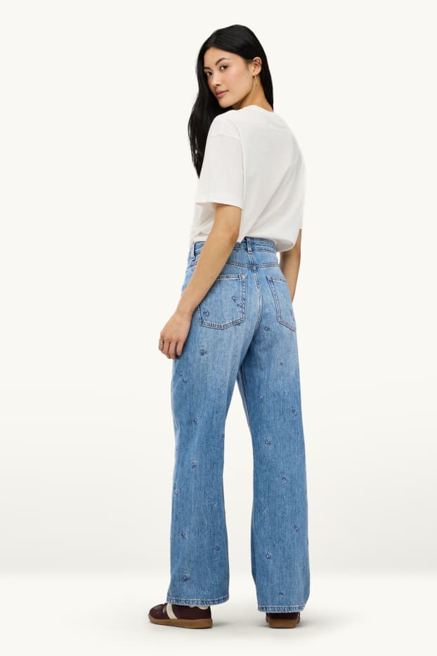 Women - Baggy jeans - mid-rise waist - floral - blue denim