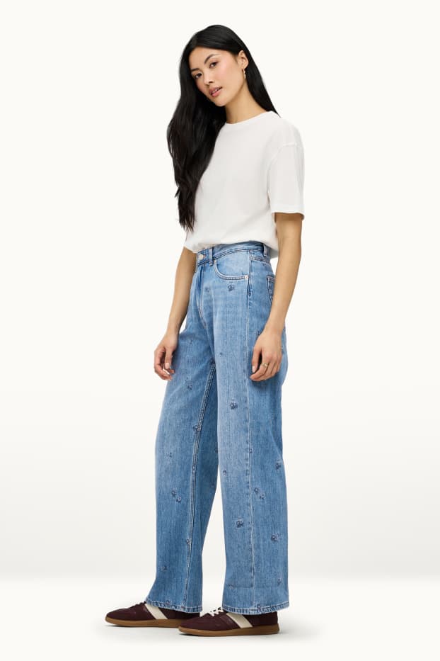 Women - Baggy jeans - mid-rise waist - floral - blue denim