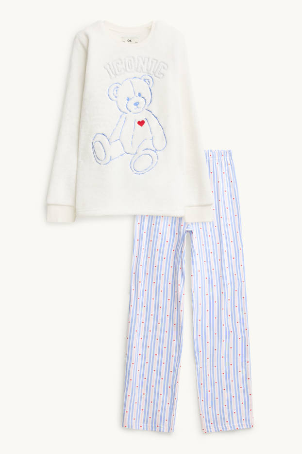 Kinder Mädchen - Teddybär - Pyjama - 2 teilig - weiß / blau