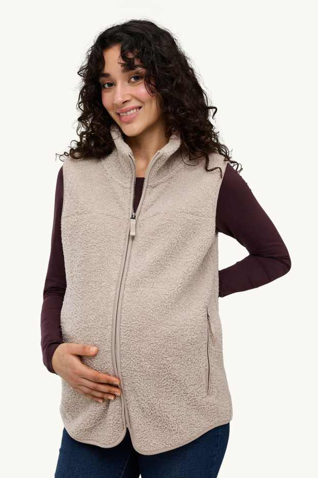 Dames - Zwangerschapsvest van fleece - met babydraagzak - licht beige