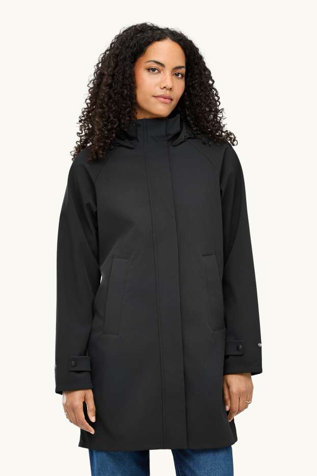 Dames - Softshellmantel met capuchon - waterafstotend - 4 Way Stretch - zwart